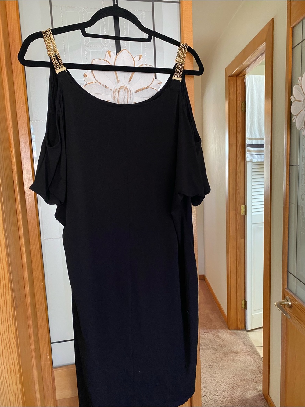 Thalia Sodi Black Cold-Shoulder Midi Dress with Gold Chain Straps